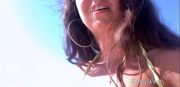  Crazy girl 18 y.o. pee on a public beach right in her panties. Wet her panties and went to sunbathe